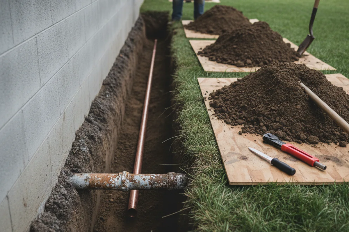 Excavated water line trench during Sewer Line Repair in Newnan